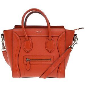 CELINE Logo Nano Luggage 2 Way Shoulder Hand Bag Leather Red SHW Italy 21EF999